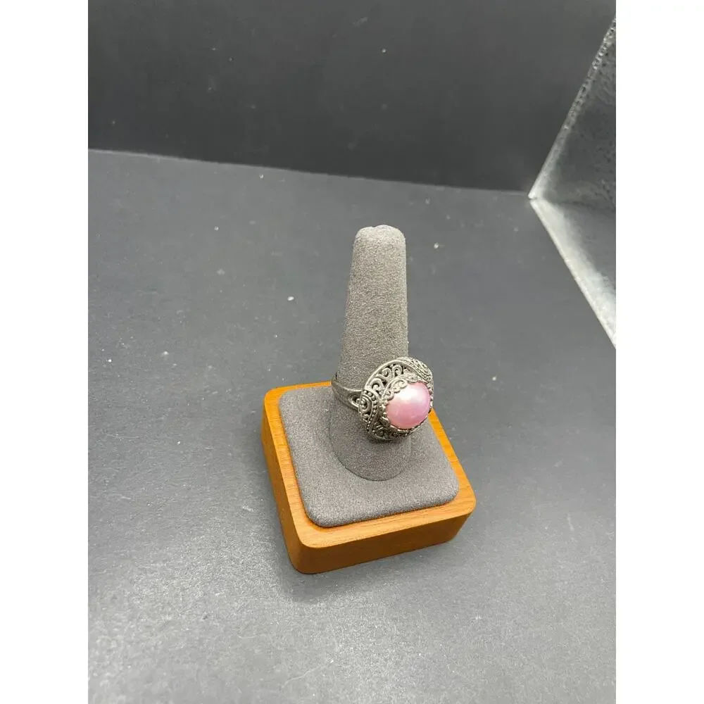 Vtg 925 Sterling Silver Pink Mabe Pearl Cabochon Solitaire Filigree Ring Size 10
